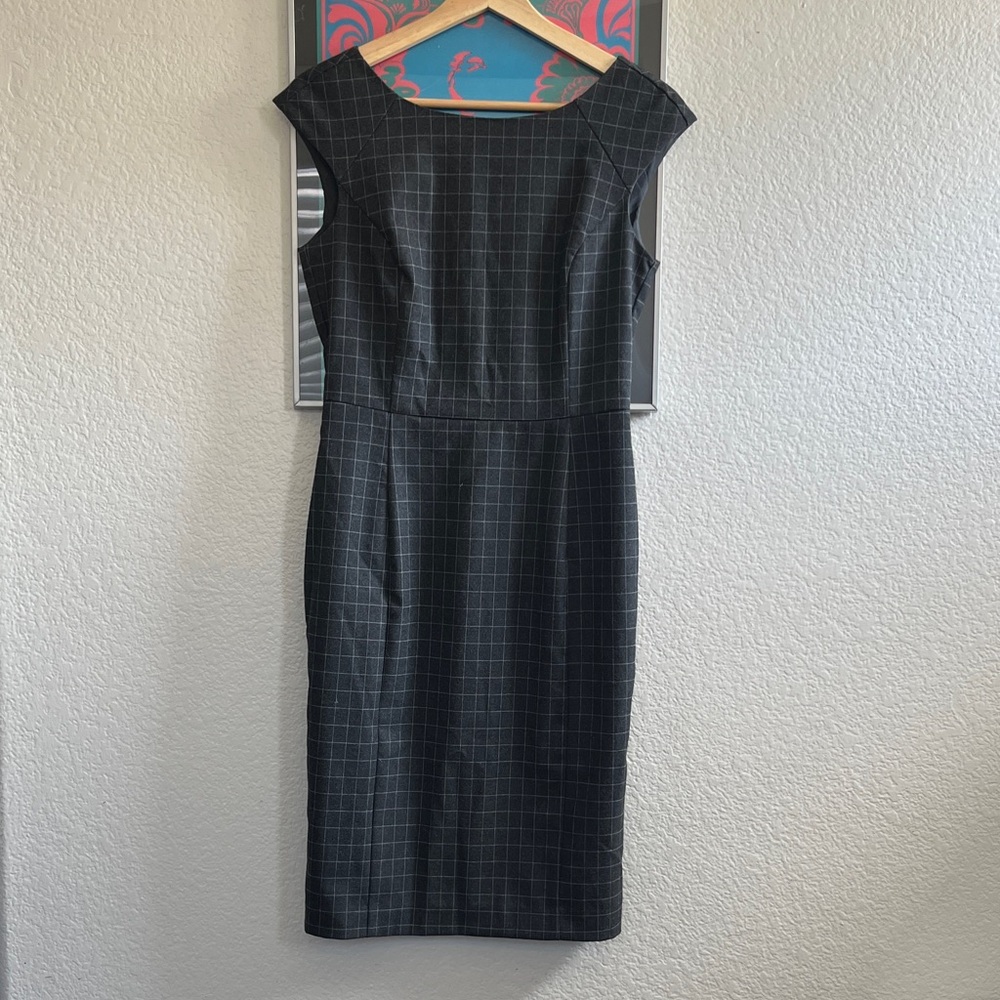 BR Windowpane Sheath Midi Dress in Charcoal Grey